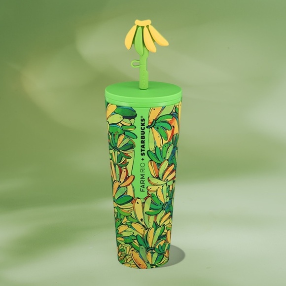Starbucks x Farm Rio Yellow/Green Tropical Banana Tumbler with Straw Topper 24oz - Picture 9 of 11